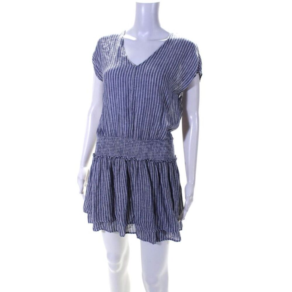 Rails Womens Linen Striped Print Ruched Tiered Empire Waist Dress Blue Size S_2